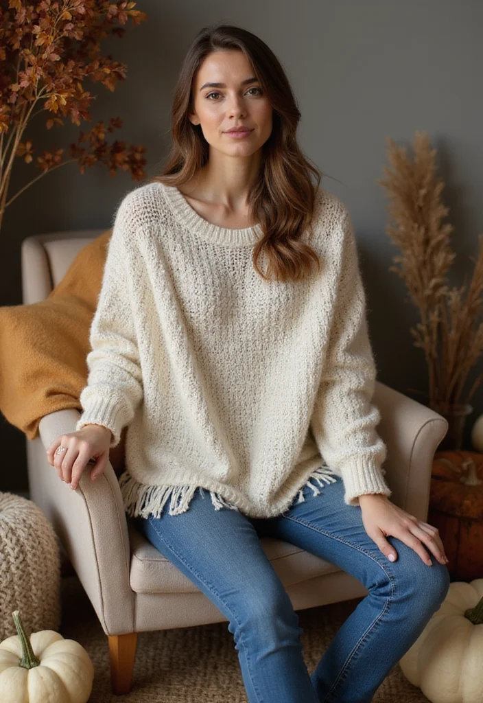 25 Cozy Outfits Created with Crochet Sweater Patterns (Free!) - 14. Soft Fringe Crochet Sweater