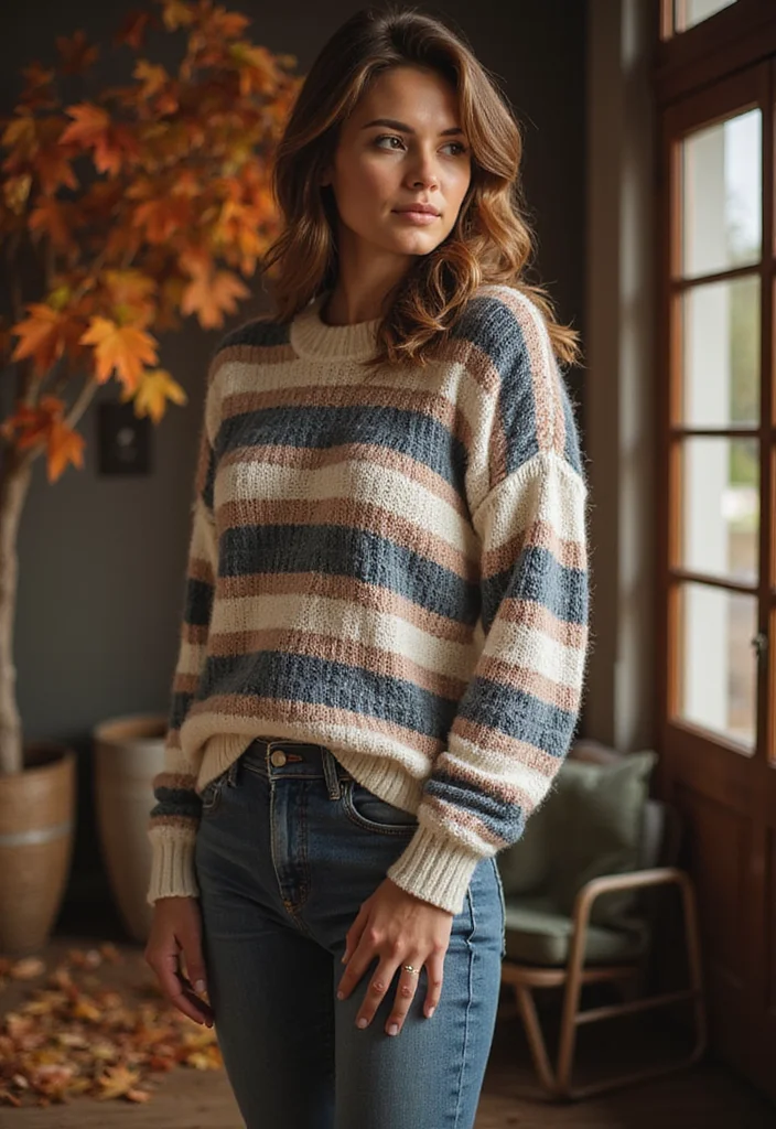 25 Cozy Outfits Created with Crochet Sweater Patterns (Free!) - 17. Classic Striped Crochet Sweater