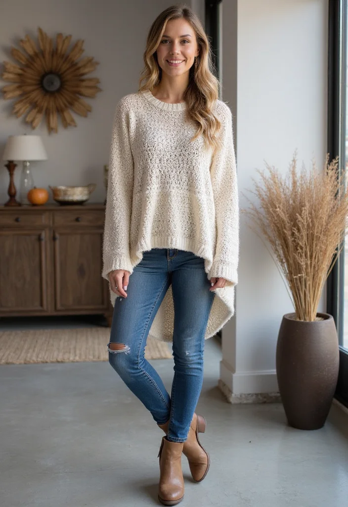 25 Cozy Outfits Created with Crochet Sweater Patterns (Free!) - 20. High-Low Hem Crochet Sweater