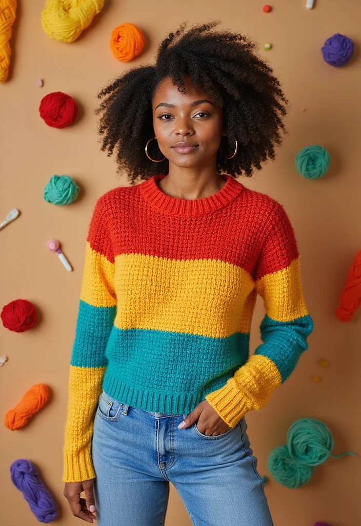 25 Cozy Outfits Created with Crochet Sweater Patterns (Free!) - 6. Color Block Crochet Sweater