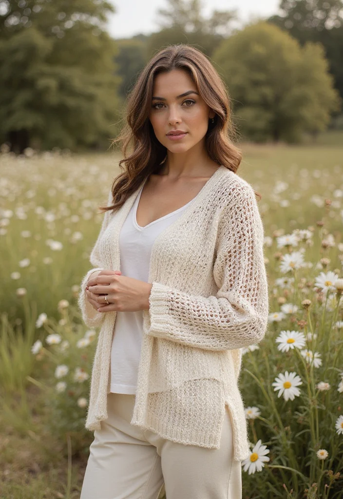 25 Cozy Outfits Created with Crochet Sweater Patterns (Free!) - 7. Lightweight Summer-Fall Transition Sweater