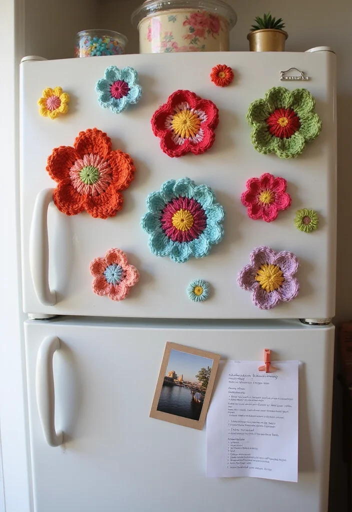 25 Floral Crafts Using Crochet Flowers: Free Patterns to Brighten Your Home - 10. Crochet Flower Magnets