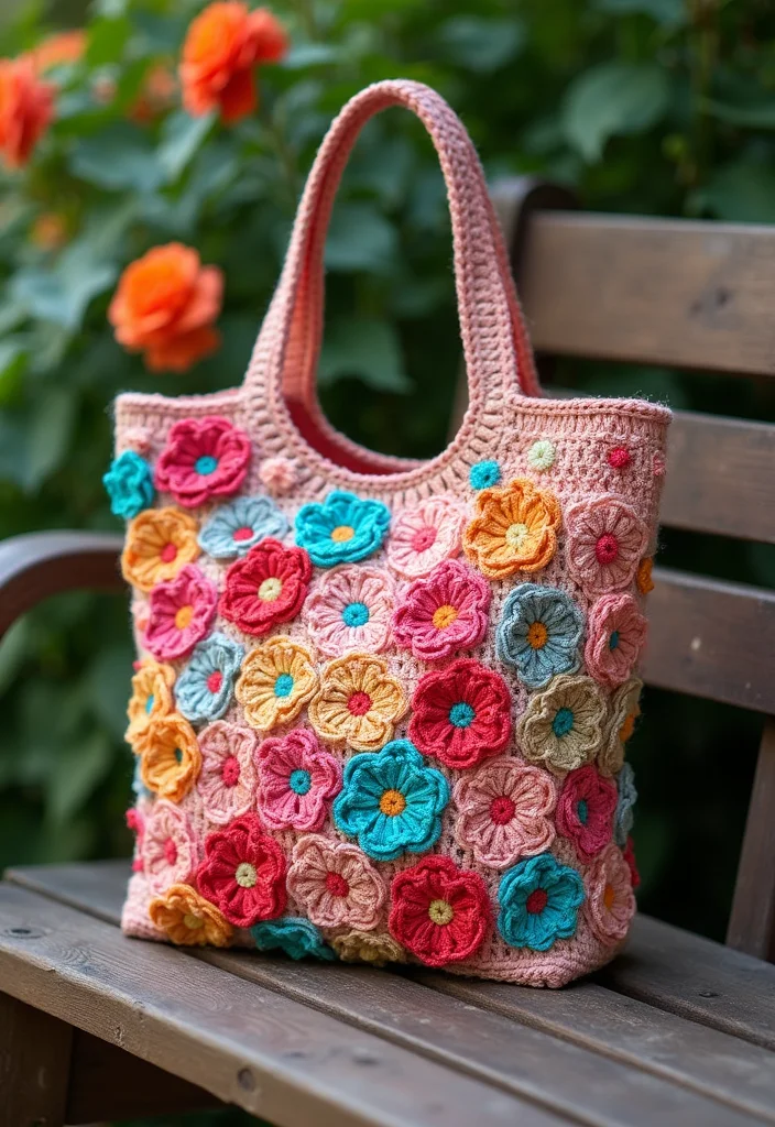25 Floral Crafts Using Crochet Flowers: Free Patterns to Brighten Your Home - 11. Crochet Flower Tote Bags