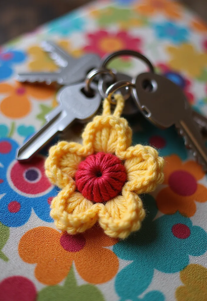 25 Floral Crafts Using Crochet Flowers: Free Patterns to Brighten Your Home - 12. Crochet Flower Keychain