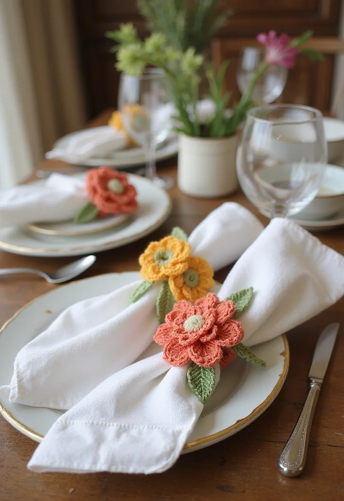 25 Floral Crafts Using Crochet Flowers: Free Patterns to Brighten Your Home - 14. Crochet Flower Napkin Rings