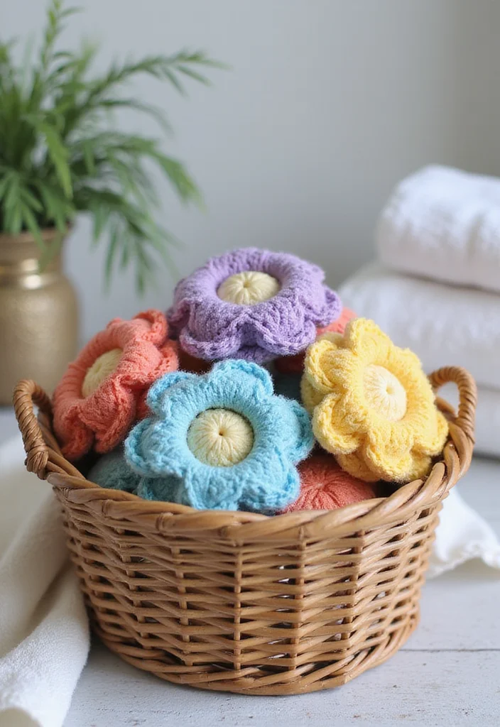 25 Floral Crafts Using Crochet Flowers: Free Patterns to Brighten Your Home - 16. Crochet Flower Bath Scrubbies