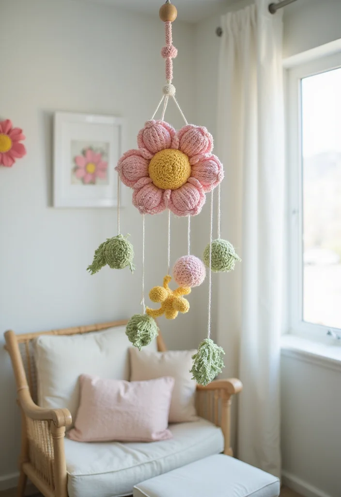 25 Floral Crafts Using Crochet Flowers: Free Patterns to Brighten Your Home - 20. Crochet Flower Baby Mobile