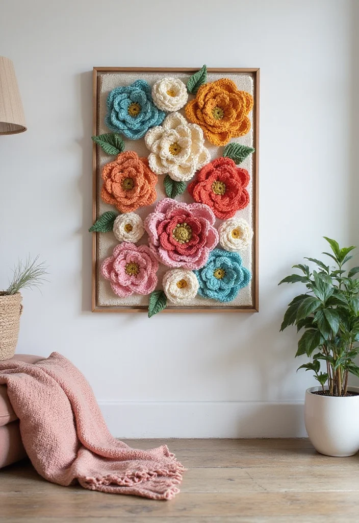 25 Floral Crafts Using Crochet Flowers: Free Patterns to Brighten Your Home - 22. Crochet Flower Wall Art