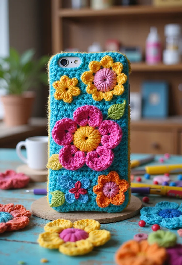 25 Floral Crafts Using Crochet Flowers: Free Patterns to Brighten Your Home - 24. Crochet Flower Phone Case
