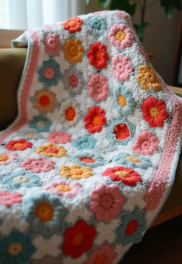 25 Floral Crafts Using Crochet Flowers: Free Patterns to Brighten Your Home - 25. Crochet Flower Quilt Squares