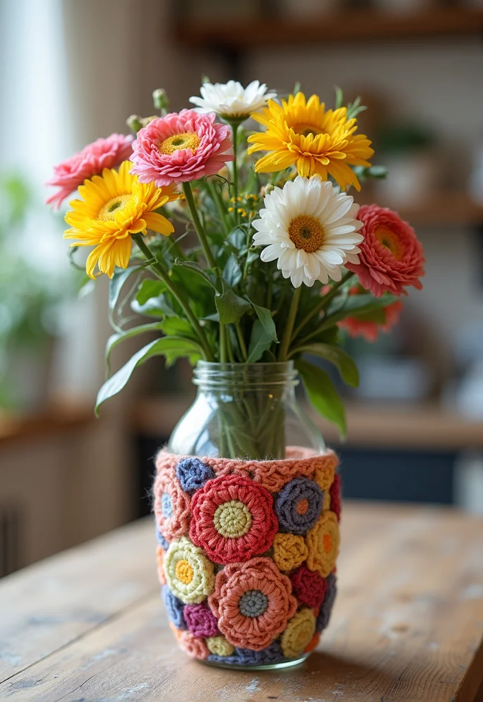 25 Floral Crafts Using Crochet Flowers: Free Patterns to Brighten Your Home - 4. Crochet Flower Vase Wrap