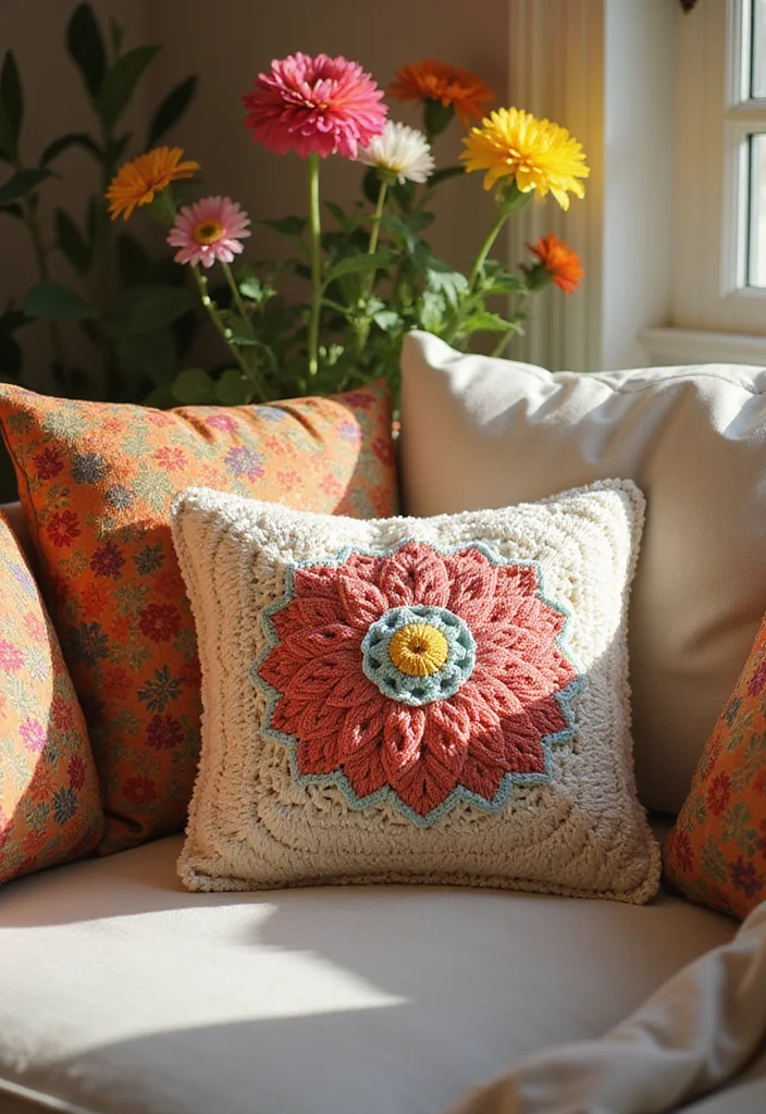 25 Floral Crafts Using Crochet Flowers: Free Patterns to Brighten Your Home - 5. Crochet Flower Pillow Covers