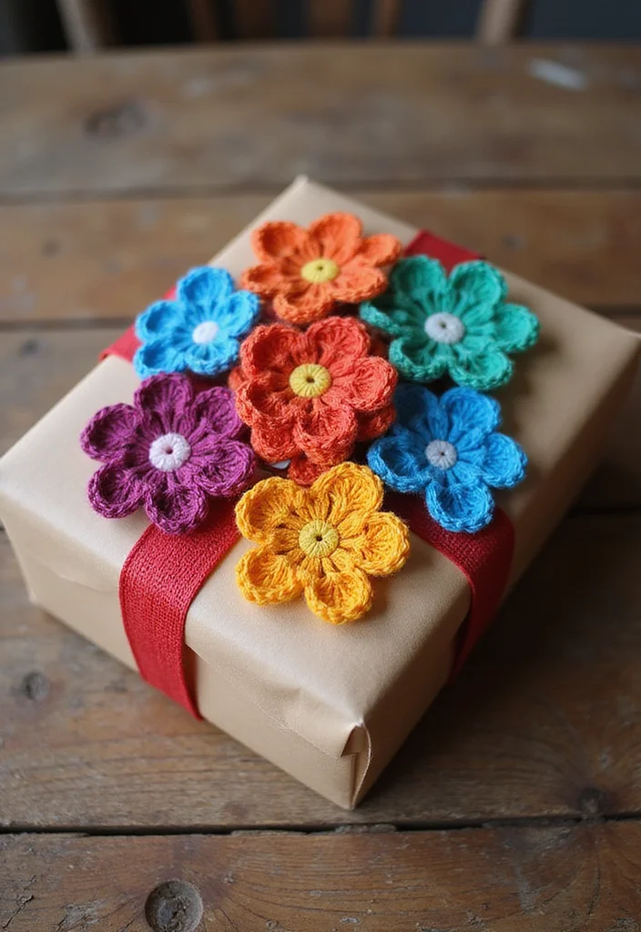 25 Floral Crafts Using Crochet Flowers: Free Patterns to Brighten Your Home - 8. Crochet Flower Gift Wrapping