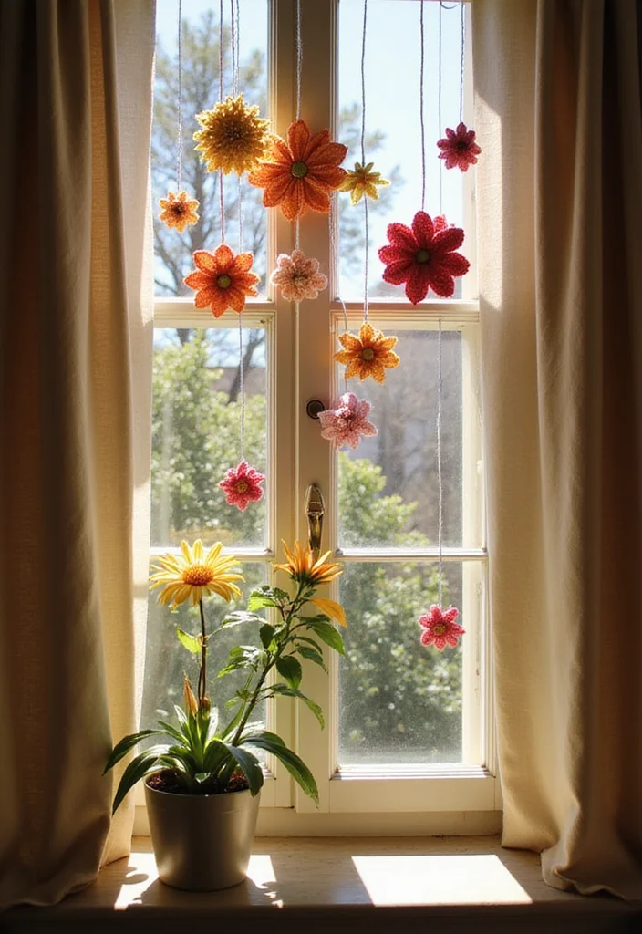 25 Floral Crafts Using Crochet Flowers: Free Patterns to Brighten Your Home - 9. Crochet Flower Window Decorations