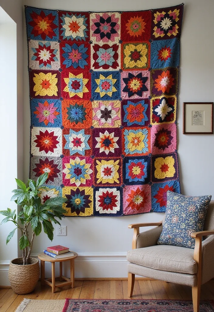 26 Colorful Designs Using Granny Square Crochet Pattern - 1. Colorful Wall Hanging