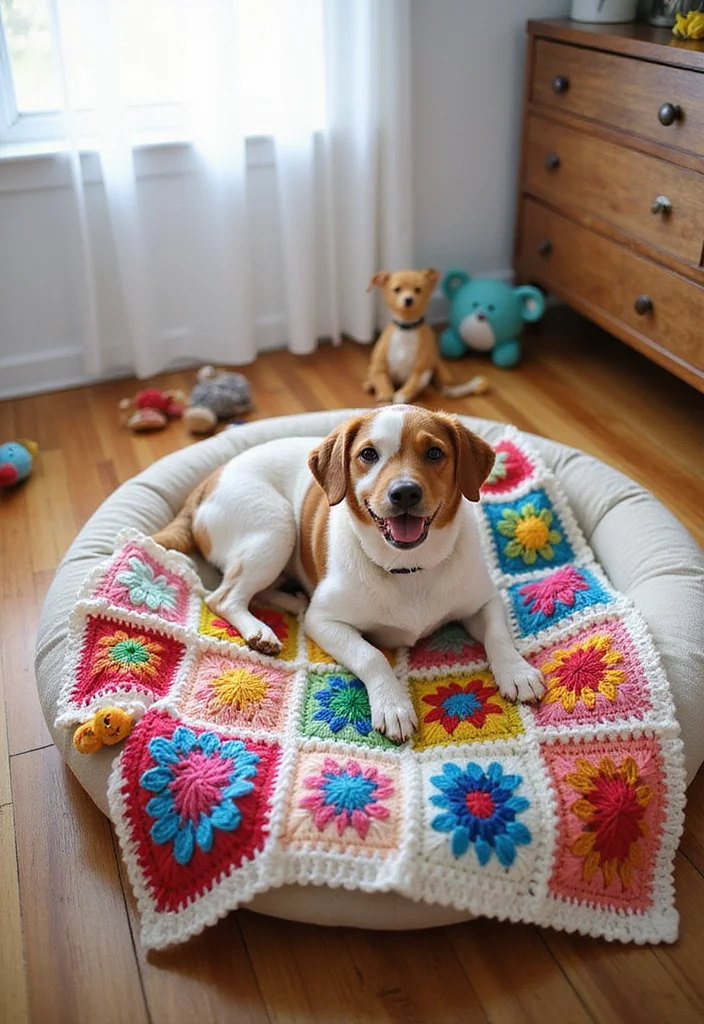 26 Colorful Designs Using Granny Square Crochet Pattern - 10. Colorful Pet Blanket