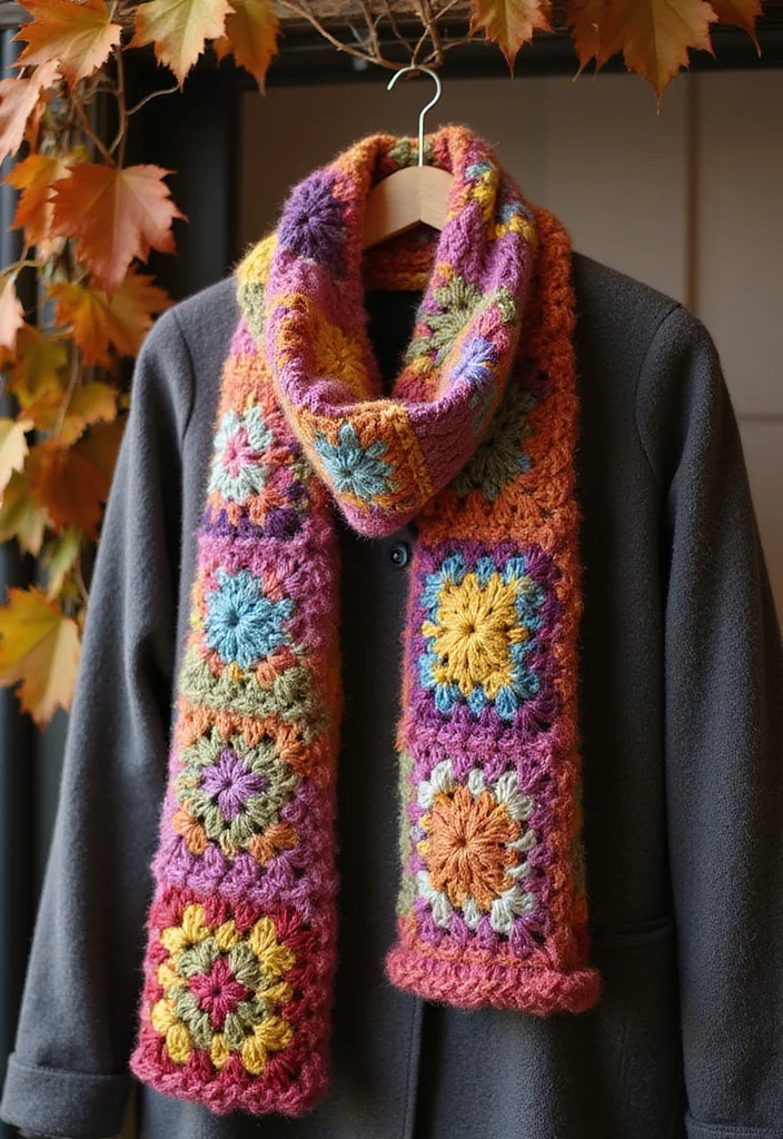 26 Colorful Designs Using Granny Square Crochet Pattern - 12. Cozy Scarf