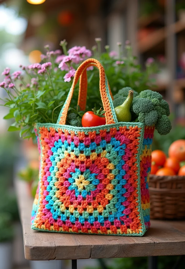 26 Colorful Designs Using Granny Square Crochet Pattern - 13. Granny Square Tote Bag