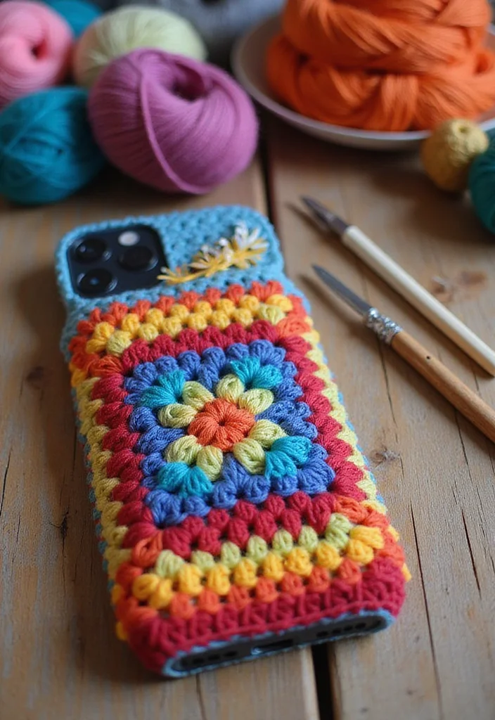26 Colorful Designs Using Granny Square Crochet Pattern - 19. Vibrant Phone Case