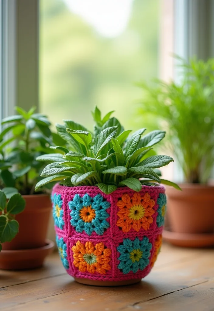 26 Colorful Designs Using Granny Square Crochet Pattern - 23. Granny Square Flower Pot Covers
