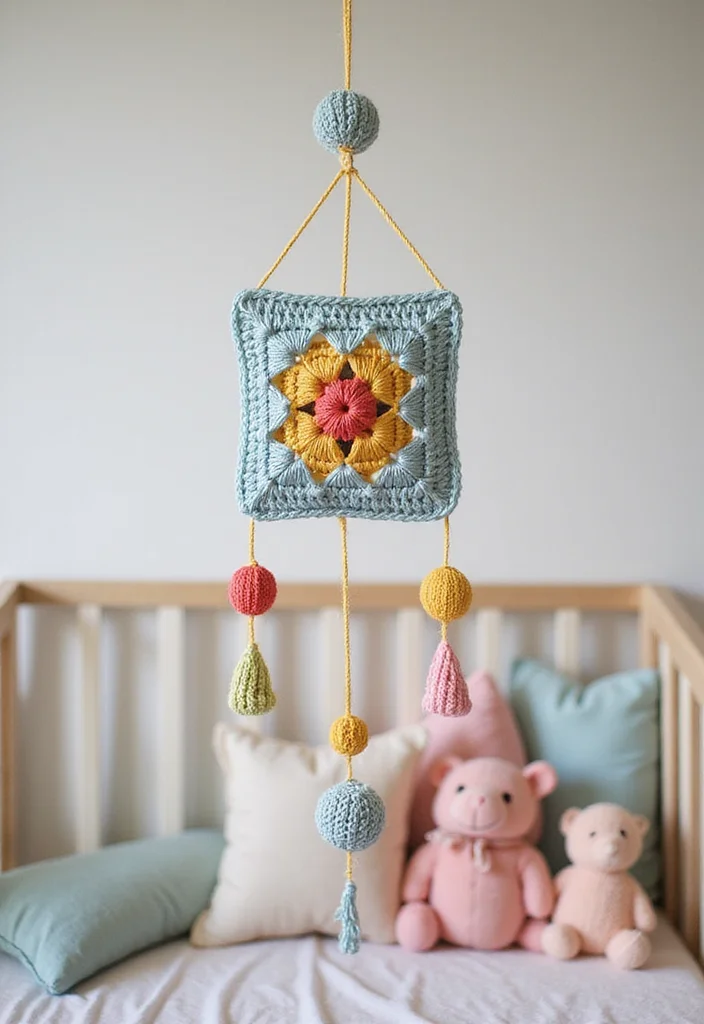 26 Colorful Designs Using Granny Square Crochet Pattern - 26. Granny Square Baby Mobile
