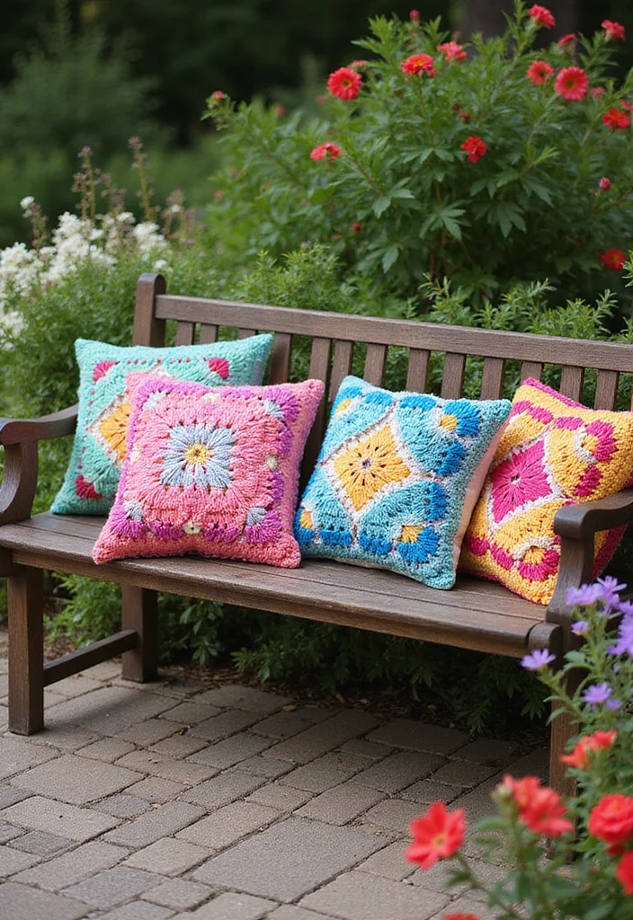 26 Colorful Designs Using Granny Square Crochet Pattern - 9. Garden Throw Pillows