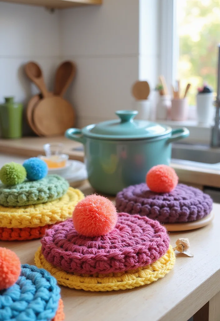 26 Creative Kitchen Ideas Using Crochet Pot Holders: Free Patterns to Brighten Up Your Space - 26. Crochet Pot Holders with Colorful Pom-Poms
