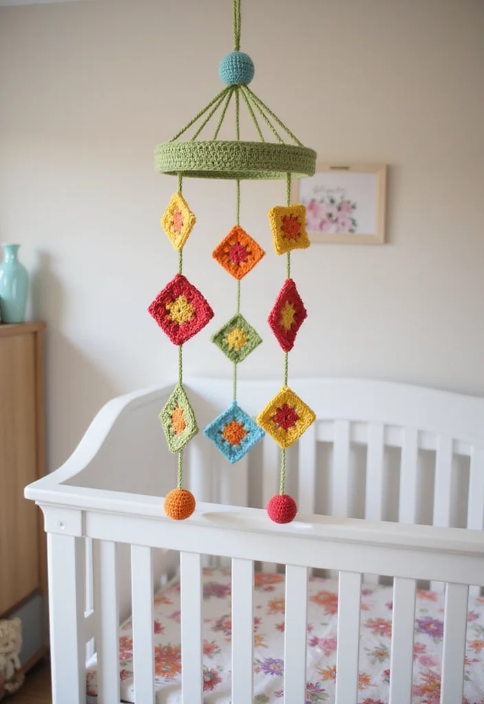 26 Inspiring Designs Using Crochet Granny Square Blankets - 13. Nursery Mobile