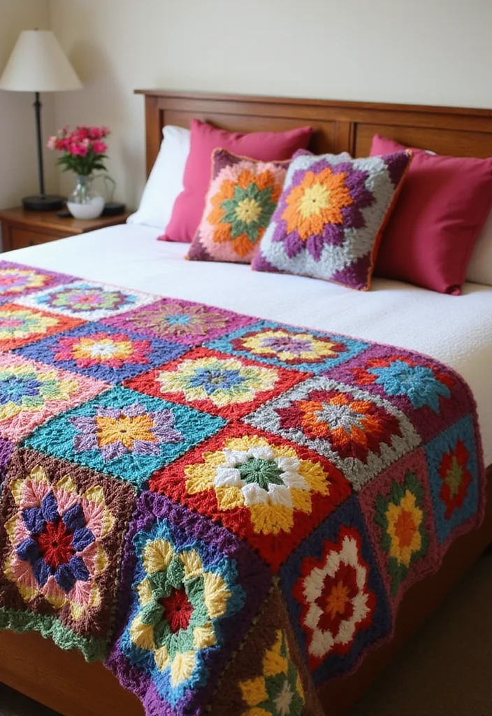26 Inspiring Designs Using Crochet Granny Square Blankets - 2. Vibrant Bedspread