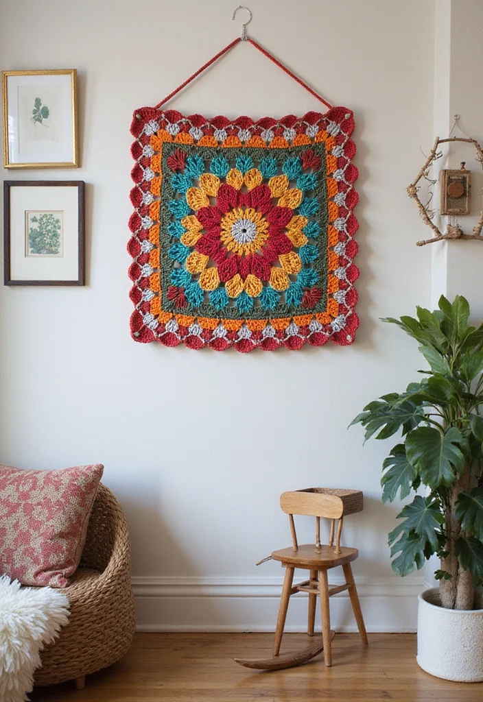 26 Inspiring Designs Using Crochet Granny Square Blankets - 22. Decorative Wall Hanging