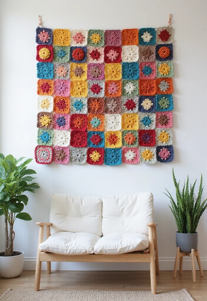 26 Inspiring Designs Using Crochet Granny Square Blankets - 3. Wall Art Installation