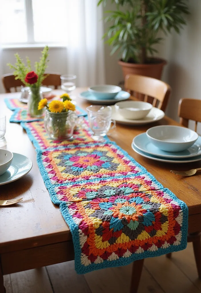 26 Inspiring Designs Using Crochet Granny Square Blankets - 5. Colorful Table Runner