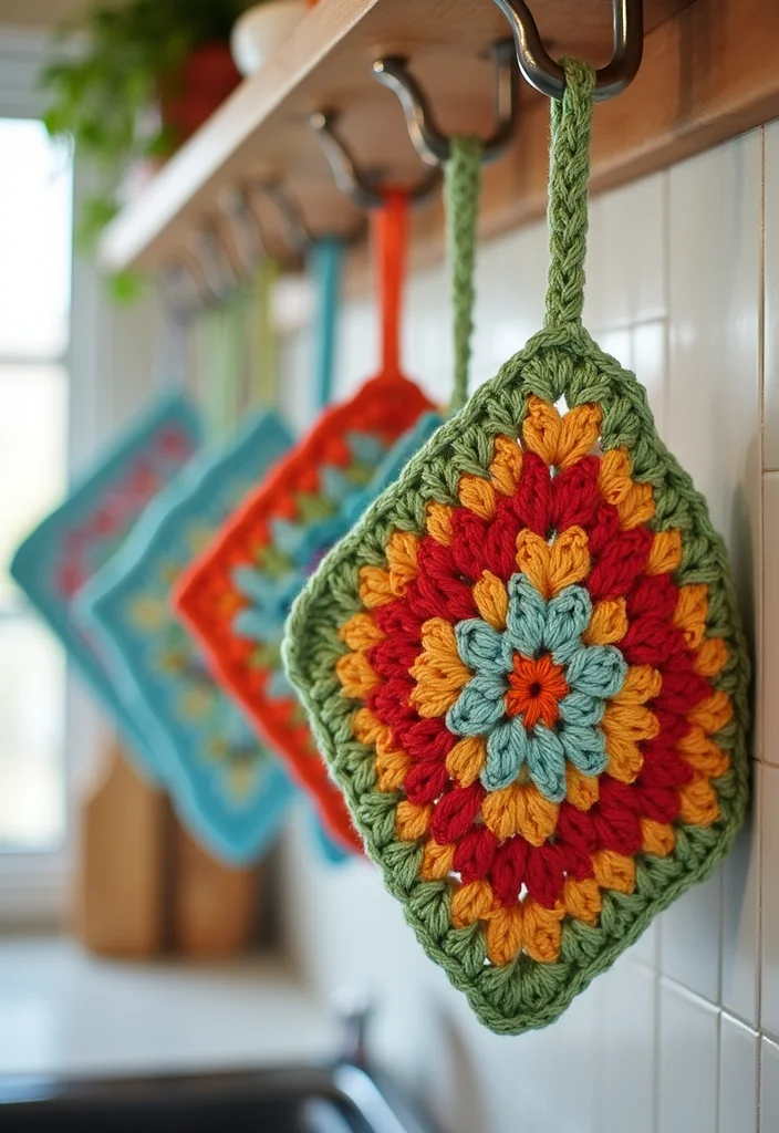 26 Inspiring Designs Using Crochet Granny Square Blankets - 9. Kitchen Pot Holders