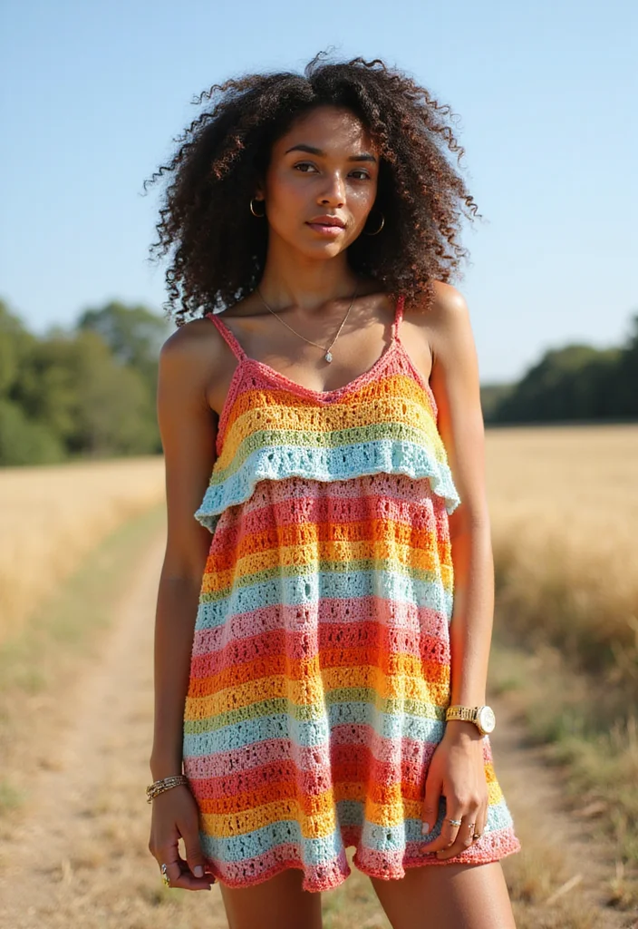 27 Adorable Outfits Made with Crochet Baby Dress Free Patterns - 5. Rainbow Tiered Dress