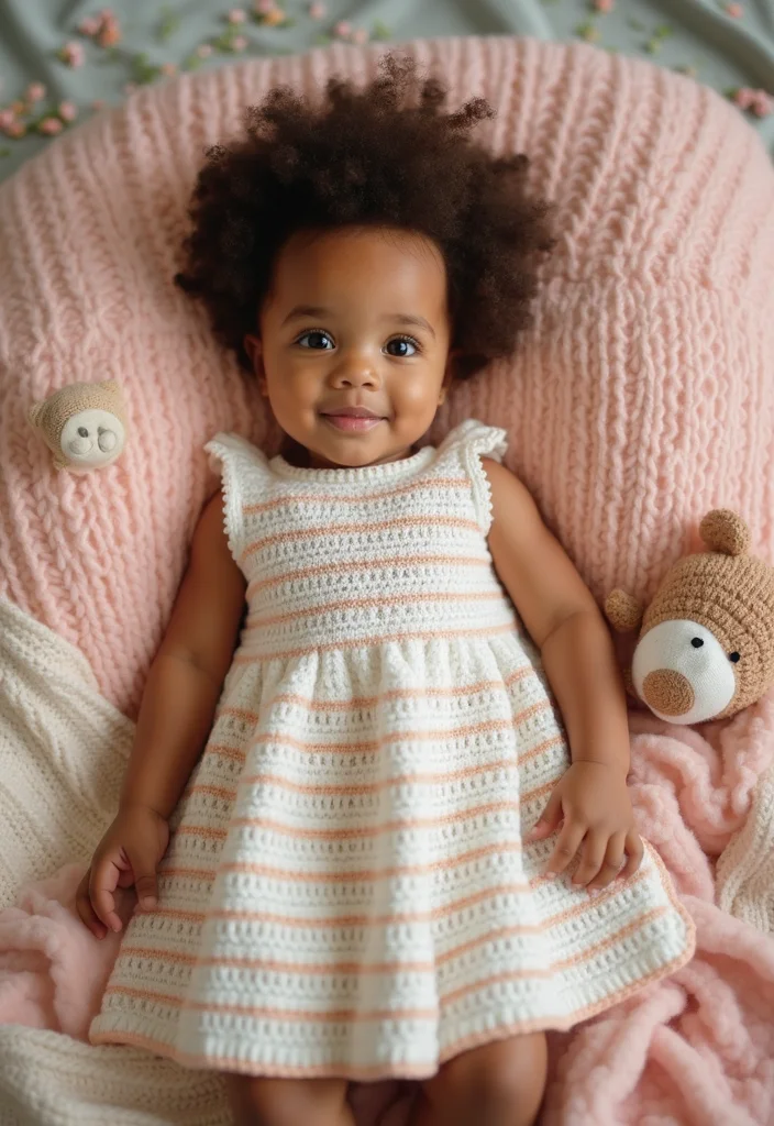 27 Adorable Outfits Made with Crochet Baby Dress Free Patterns - 6. Charming Striped Dress