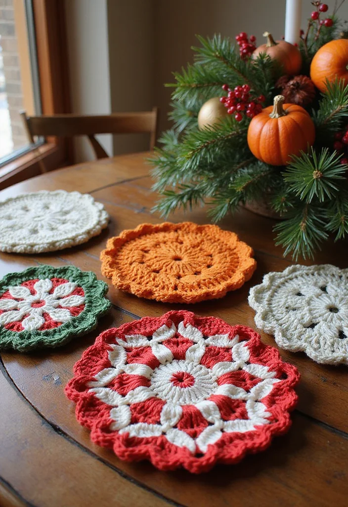 27 Home Décor Ideas with Crochet Coasters: Free Pattern Included! - 13. Holiday-Themed Coasters