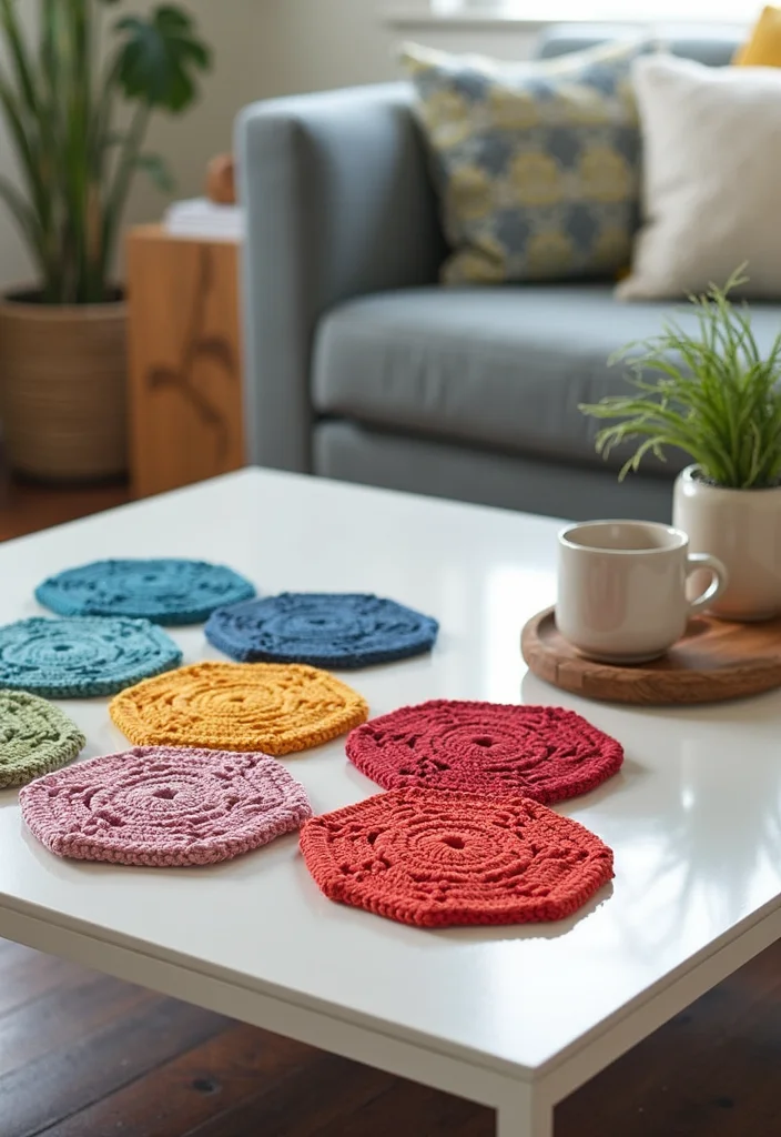 27 Home Décor Ideas with Crochet Coasters: Free Pattern Included! - 2. Colorful Geometric Patterns