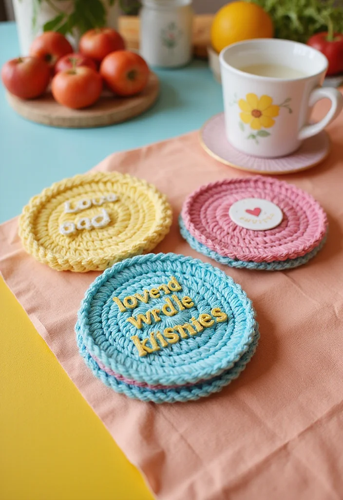 27 Home Décor Ideas with Crochet Coasters: Free Pattern Included! - 24. Crochet Coasters with Inspirational Quotes