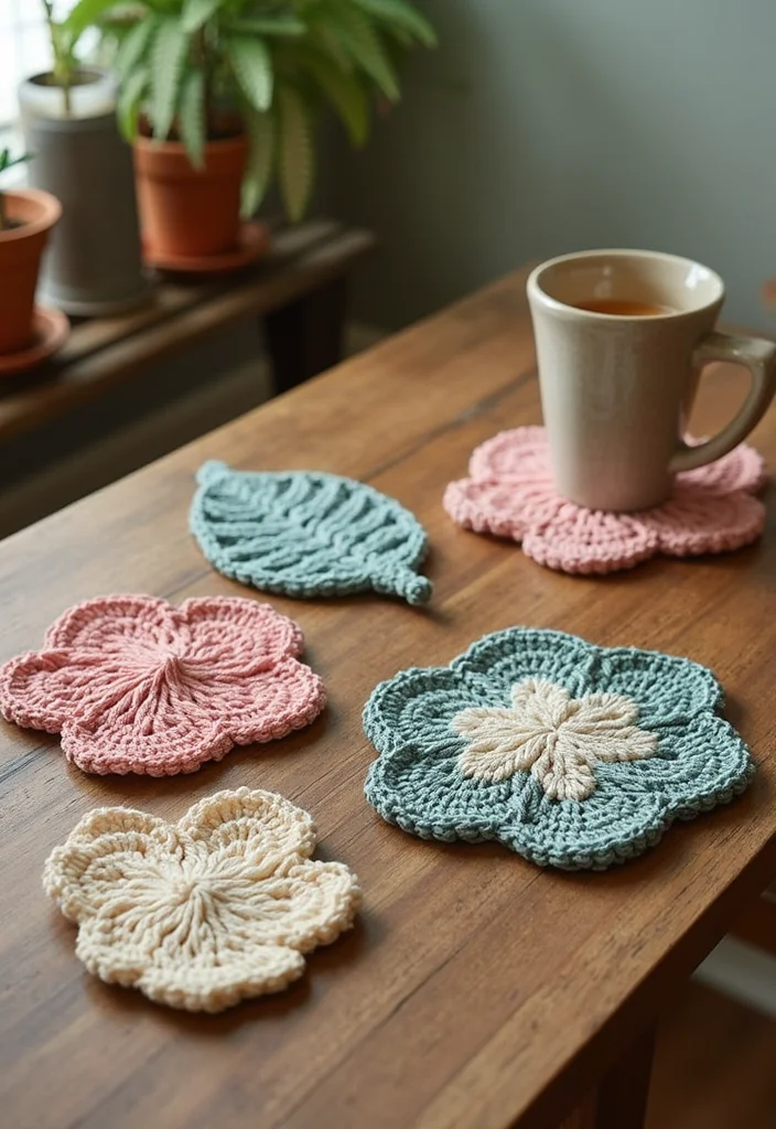 27 Home Décor Ideas with Crochet Coasters: Free Pattern Included! - 8. Nature-Inspired Coasters