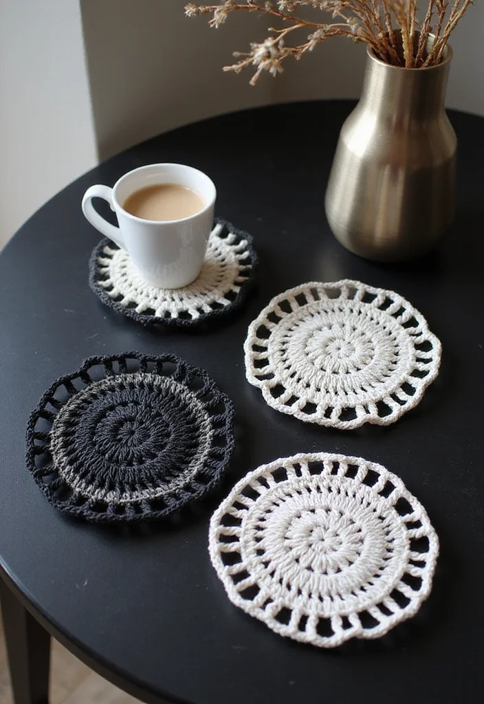 27 Home Décor Ideas with Crochet Coasters: Free Pattern Included! - 9. Edgy Black and White Coasters