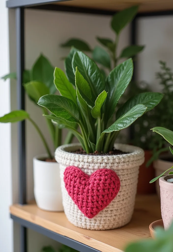 27 Sweet Craft Ideas to Learn How to Crochet a Heart - 11. Heart Plant Pot Cover