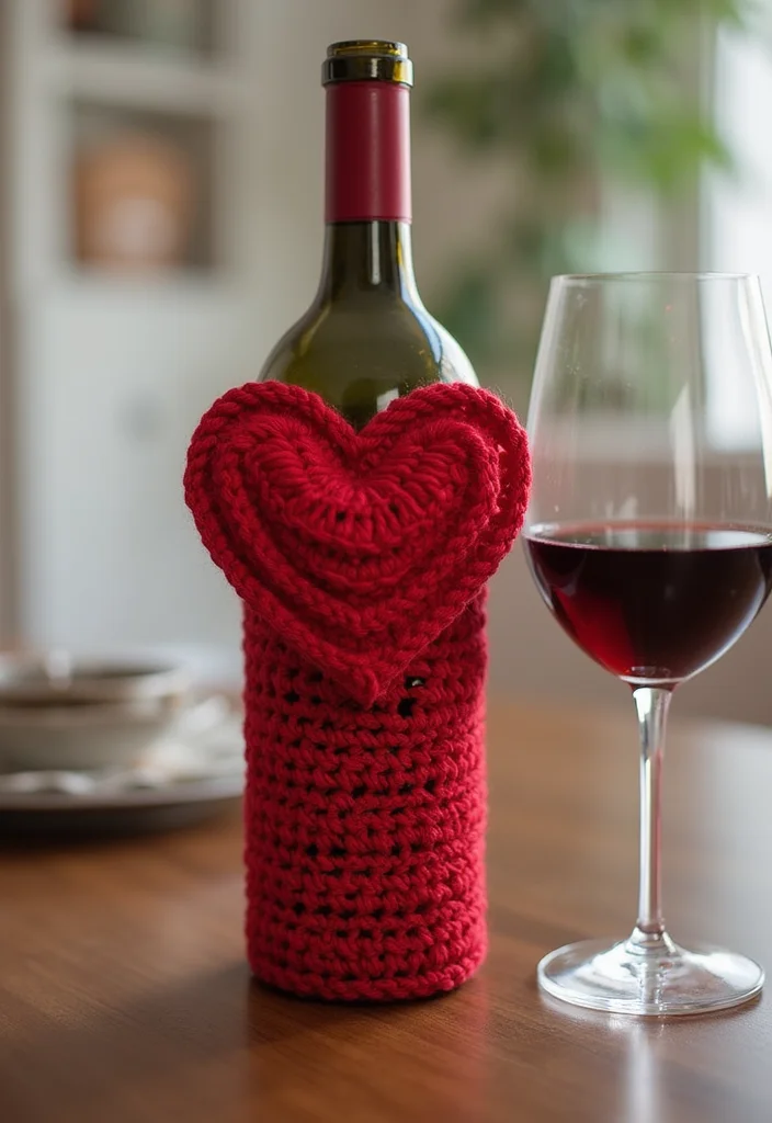 27 Sweet Craft Ideas to Learn How to Crochet a Heart - 26. Heart Wine Bottle Cover