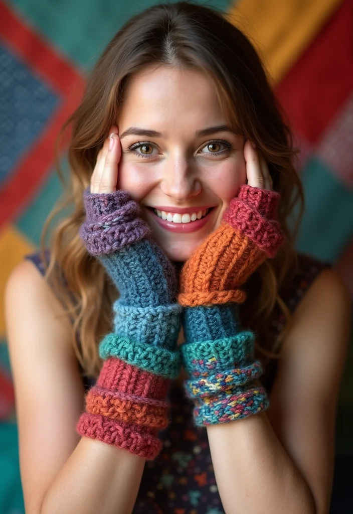 27 Winter Makes Using Crochet Fingerless Gloves: Free Patterns - 18. Patchwork Fingerless Gloves