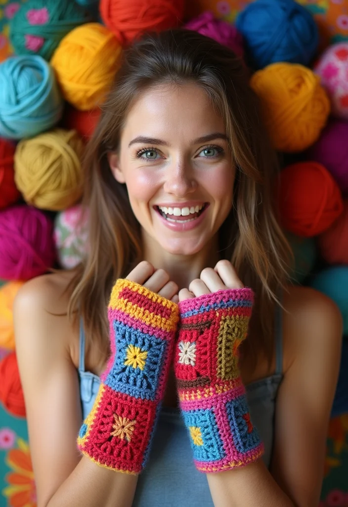 27 Winter Makes Using Crochet Fingerless Gloves: Free Patterns - 2. Colorful Granny Square Gloves