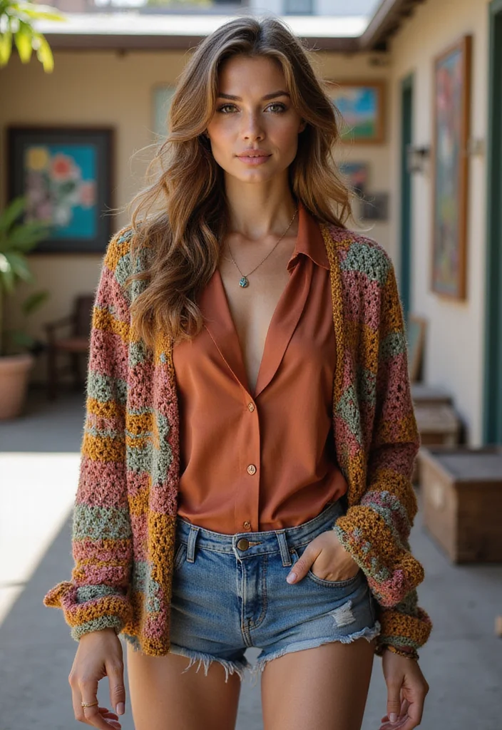 28 Stylish Outfits Using Crochet Cardigan Patterns: Embrace Sustainable Fashion - 16. Eclectic Mix with Different Textures