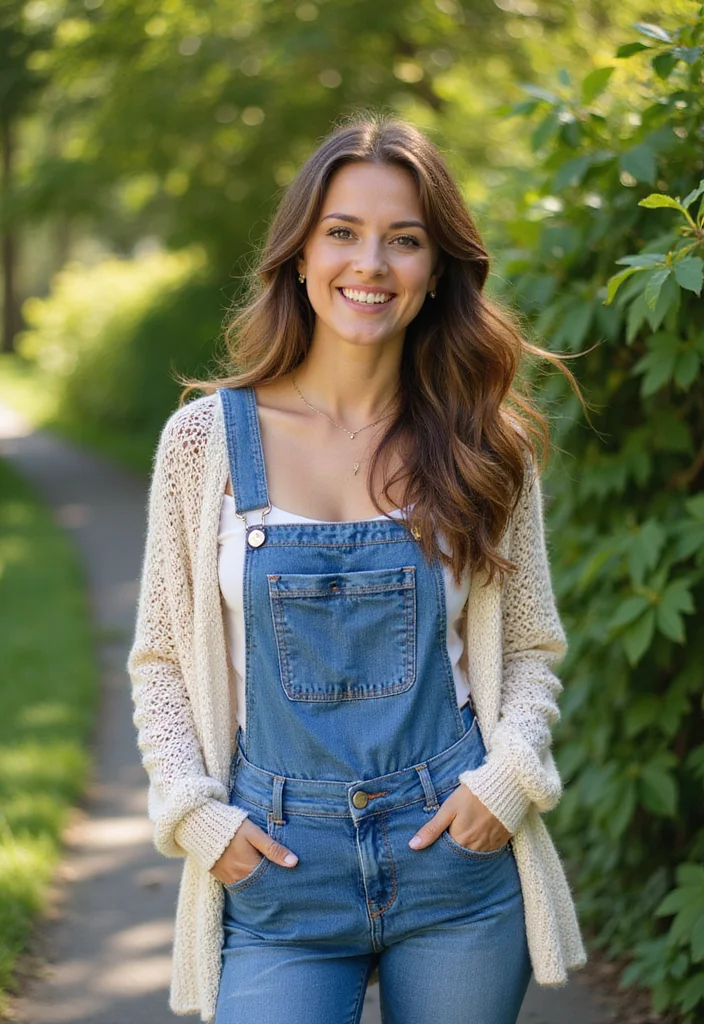 28 Stylish Outfits Using Crochet Cardigan Patterns: Embrace Sustainable Fashion - 21. Playful Summer Vibes with Denim Overalls