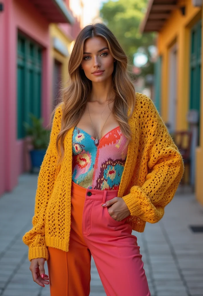 28 Stylish Outfits Using Crochet Cardigan Patterns: Embrace Sustainable Fashion - 24. Bold and Bright with a Statement Piece