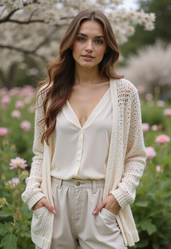 28 Stylish Outfits Using Crochet Cardigan Patterns: Embrace Sustainable Fashion - 28. Effortless Style with a Chiffon Blouse