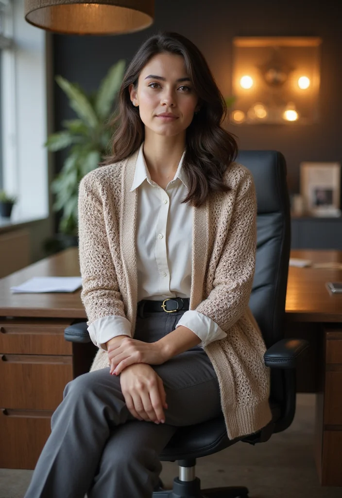 28 Stylish Outfits Using Crochet Cardigan Patterns: Embrace Sustainable Fashion - 4. Office Ready with a Button-Up and Trousers