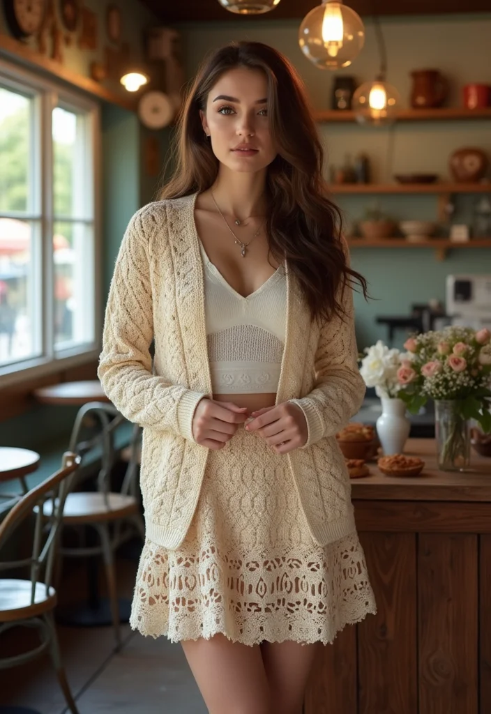 28 Stylish Outfits Using Crochet Cardigan Patterns: Embrace Sustainable Fashion - 8. Vintage Inspired with a Skater Skirt